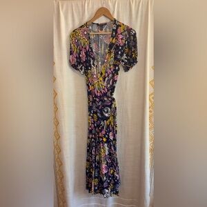 Modcloth Floral Wrap Dress Navy Pink Boho Short Sleeve Size 2